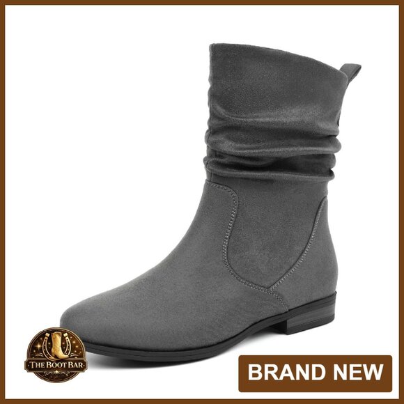 Women's Mid Calf Boots Almond Toe Low Heel Slouchy Vegan Suede